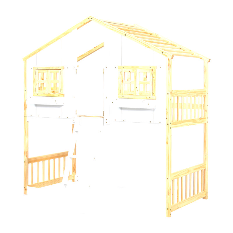 Lit superposé simple au dessus d'un lit simple avec toit, fenêtre, boîte de fenêtre, porte, avec garde-corps et échelle, naturel / blanc