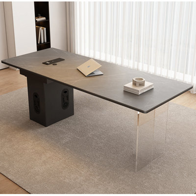 Sintered Stone Top Desk with Power Strip and Acrylic Legs