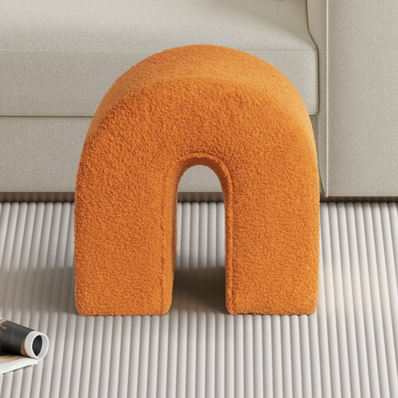 Teddy Fleece Ottoman, 45cm Arched Footstool, Boho Accent Stool for Living Room/Bedroom, Orange