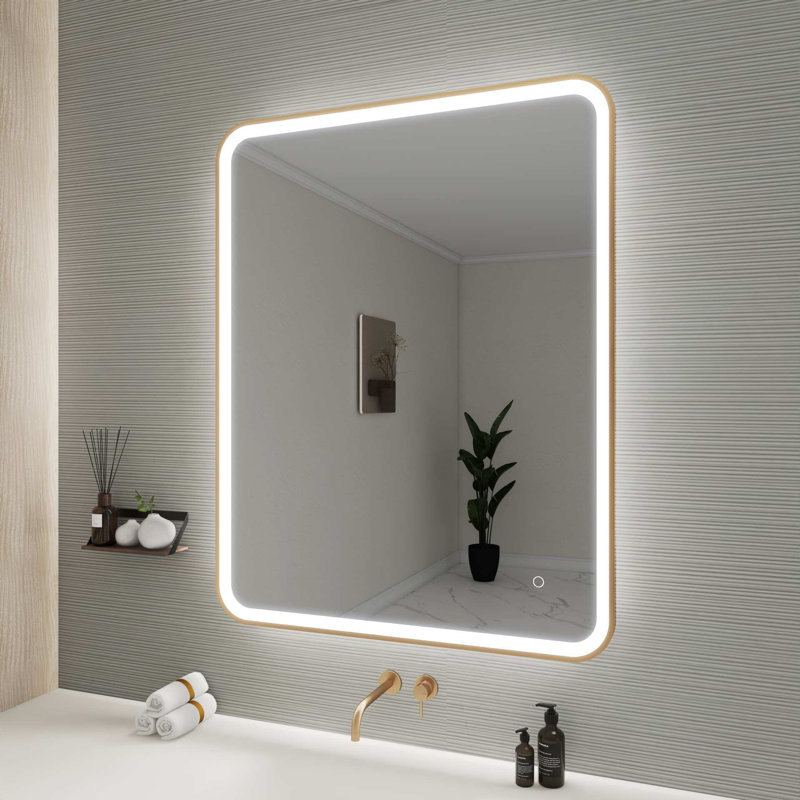 42 Round LED Front and Backlit Wall Mirror in Satin Gold, 42" x 33", Satin Gold