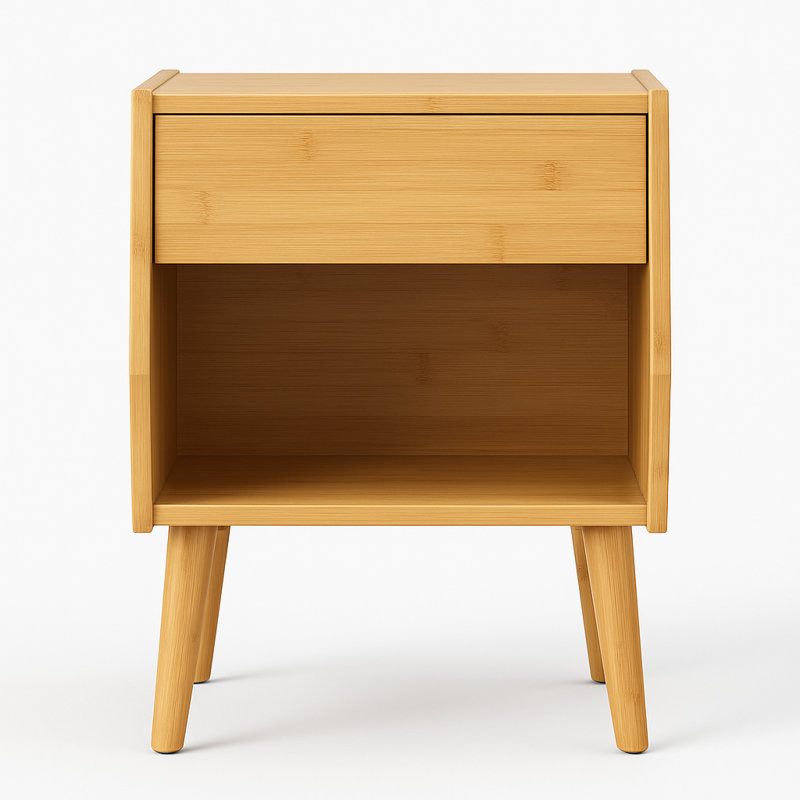 Table de chevet avec tiroir et compartiment ouvert, pieds en bois massif, Bambou