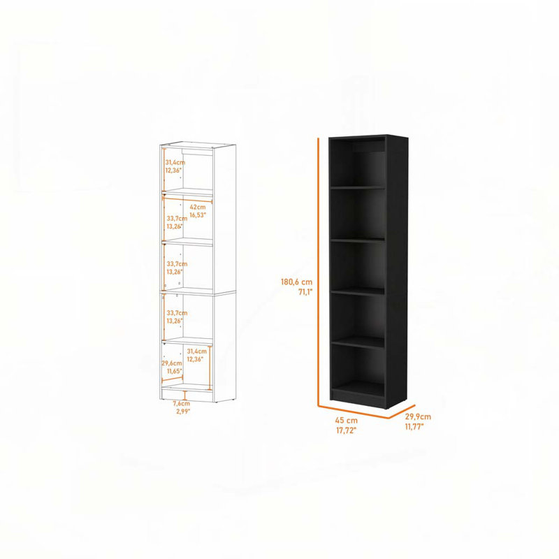 Bibliothèque mince Zachary, Noir, (5 tablettes) H 72 po x l 11,7 po x P 17,7 po
