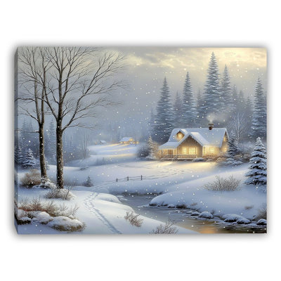 Cozy Riverside Cabin Snow Scene Wrapped Canvas Wall Art