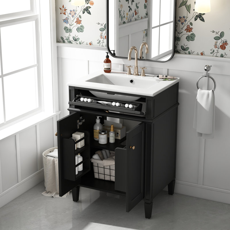 Meuble-lavabo 24 po avec 2 portes, tiroir basculant et lavabo modernisé, pieds, organisateurs de rangement intelligents, esthétique intemporelle, conception des pieds, rangement