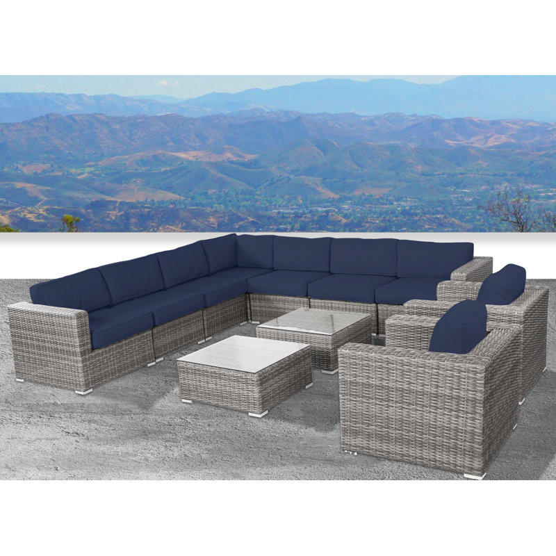 Ensemble de conversation pour 8 personnes avec coussins Sunbrella en osier Cloyd, Bleu marine Sunbrella