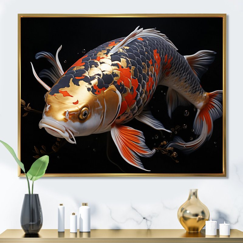 «Orange Kois Fish Serene Reflections» sur impression sur toile, 30" H x 40" W, Gold Picture Framed