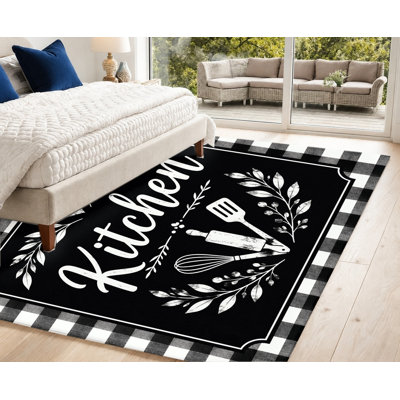 Tapis à carreaux noirs et blancs de style campagnard vintage, motif ustensiles de cuisine et feuilles, antidérapant et lavable, idéal pour la salle à manger, l'entrée ou la buanderie. Décoration intérieure chaleureuse.
