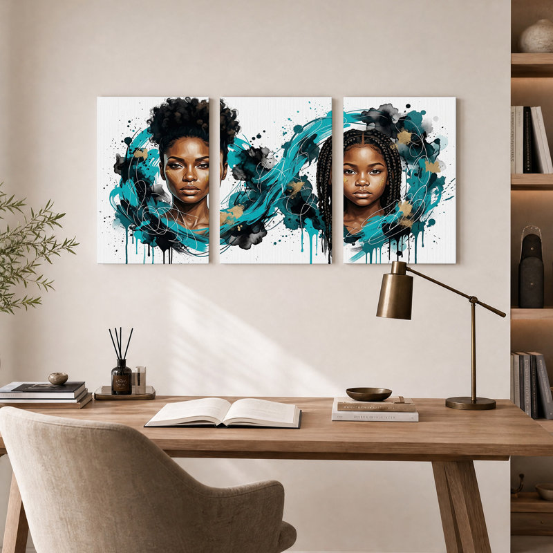 "Deux femmes noires" avec 3 éclaboussures de peinture bleu sarcelle et or, 24"H x 16"W x 3pcs