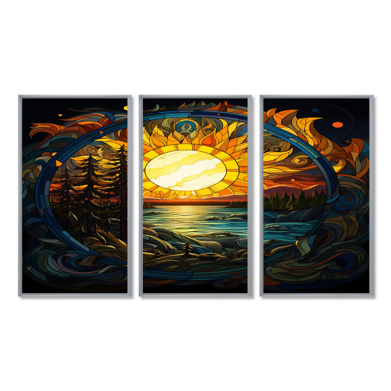Vibrant soleil jaune au-dessus de Forest Lake - rivière, ensemble d'art mural, Encadrement argenté