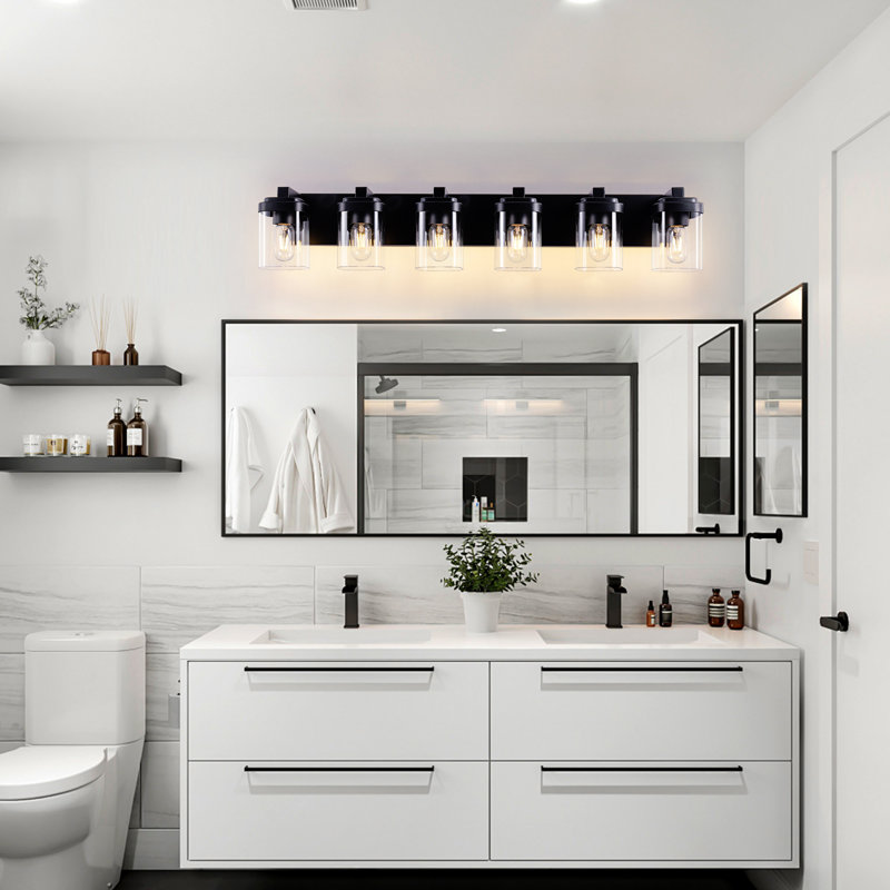 Matte Black Bathroom Vanity Light, 6-Light Vanity Lighting Fixtures Over Mirror, Square Design Wall Sconces With Clear Glass Shades