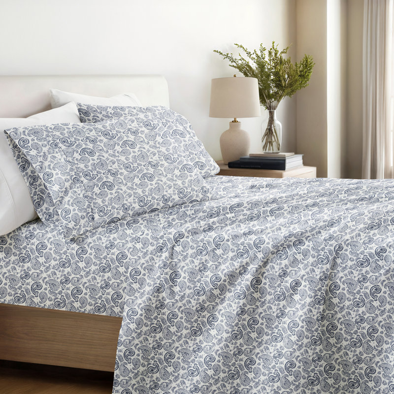 Becky Cameron Ultra Soft Paisley Pattern Microfiber Sheet Set , Cal.King Sheet Set + 1 Fitted Sheet + 2 Pillowcase, Navy
