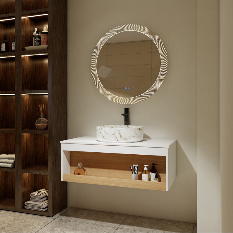 Meuble-lavabo flottant avec lavabo vasque à motif sable doré et tablette ouverte, 36"