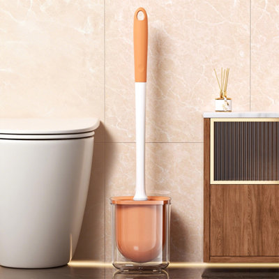 Long Handled Round Head Toilet Brush With Base, Wall Mounted Bathroom Cleaning, 17.7x3.4in Orange