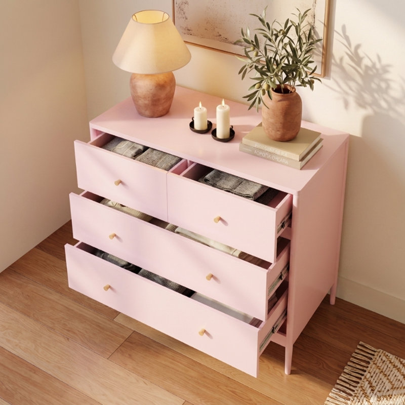 Commode 4 tiroirs pour la chambre à coucher, commode large avec boutons ronds en métal, commode de rangement moderne en bois, armoire de rangement de chambre à coucher pour placard de salon