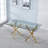 Rectangular Dining Table With Fixed 0.39" Tempered Glass Top, Double Stainless Steel Gold Base, Modern Style, 63.14 In Depth, Spacious For 6 People Space Look, 103.14 Lb, For Kitchen-863817781