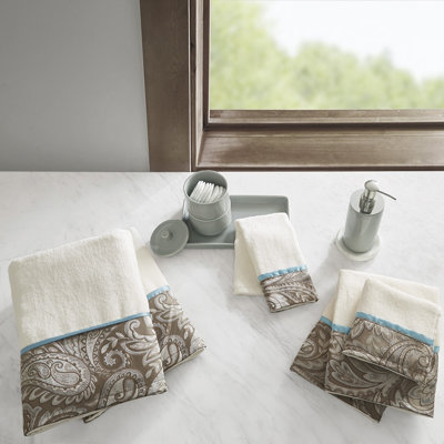 Serviette de bain 68,5 x 132 cm, 100 % coton, ensemble de 6 serviettes, motif cachemire jacquard bleu/brun