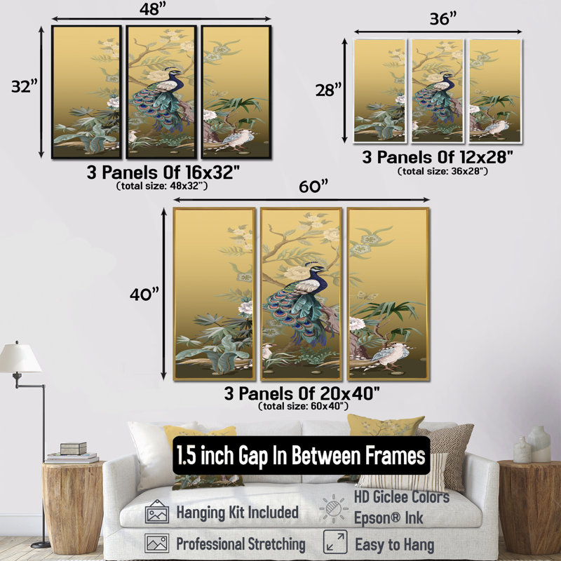 Chinoiserie avec oiseaux et pivoines VI - ensemble de 3 toiles encadrées traditionnelles, H 32 po x l 48 po, Brun