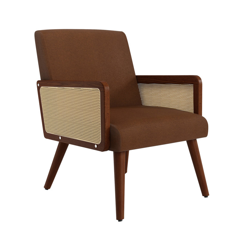 Modern Rattan Armchair with Solid Rubber Wood Legs, Natural Cane Armrests, 25D High-Density Foam Seat, 23L*23W*31.5H, Eco-Friendly Finish, Used as Dining Chair, Reading Chair, Terrace chair, etc.