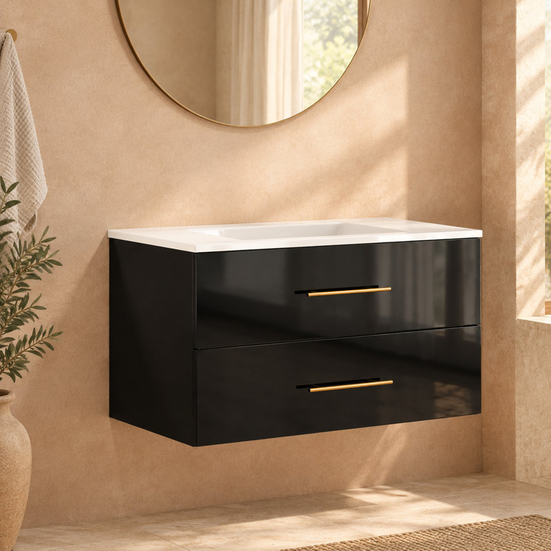 Meuble-lavabo mural blanc lustré de 91 cm (36 po) avec deux tiroirs et poignées dorées, Blanc
