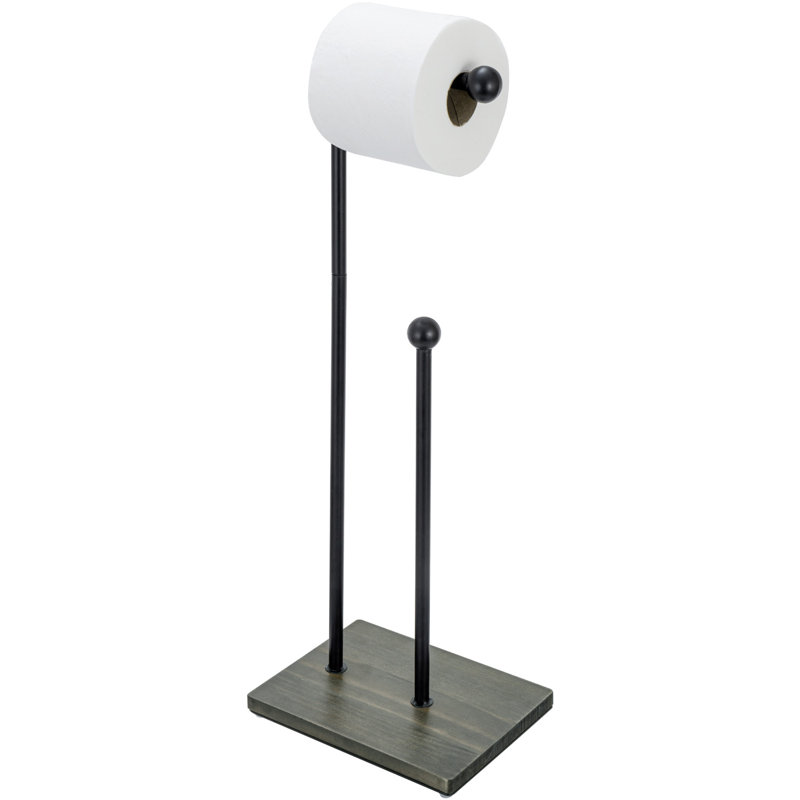Black Free Standing Toilet Roll Holder with Wood Base