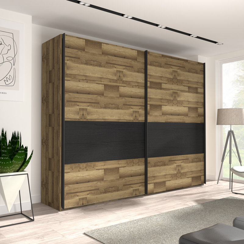 Huguley 2 Door Manufactured Wood Wardrobe, 210.5cm H x 269.9cm W x 61.2cm D, Brown/Black