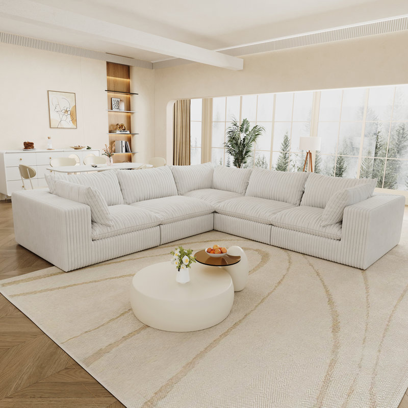 Nuage de velours côtelé blanc de 118,2 po, 5 sièges, fabrication à deux couches, coussin amovible, sans assemblage, bricolage pour le salon et la conférence, rembourrage en mousse souple, compression à haute densité pour économiser de l'espace
