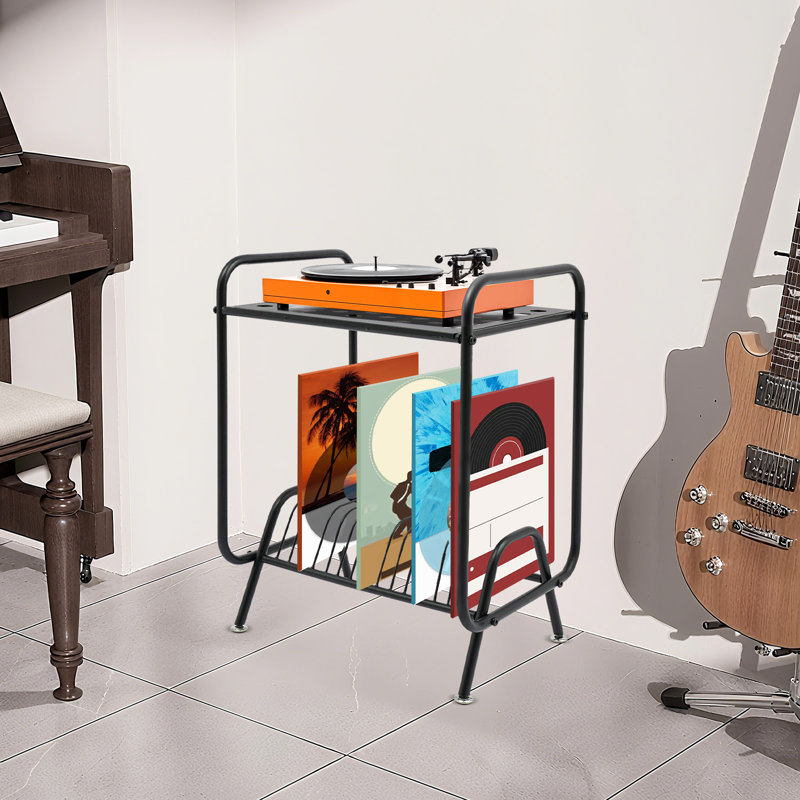 2-Tier Record Player Stand Free Standing Player Stand Record Storage Stand With 4 Foot Pads, Black