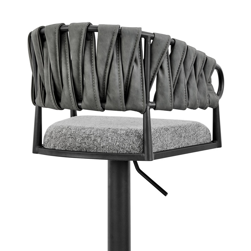 Keymaya Swivel Adjustable Height Bar Stool in Black Metal with Gray Fabric and Faux Leather