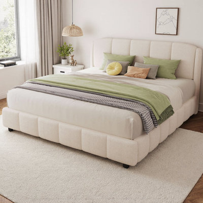 Queen Size Platform Bed with Boucle Fabric Upholstered, Curved Headboard Design Bed Frame in Beige, No Box Spring Needed, Easy Assembly Luxury Bedroom Furniture