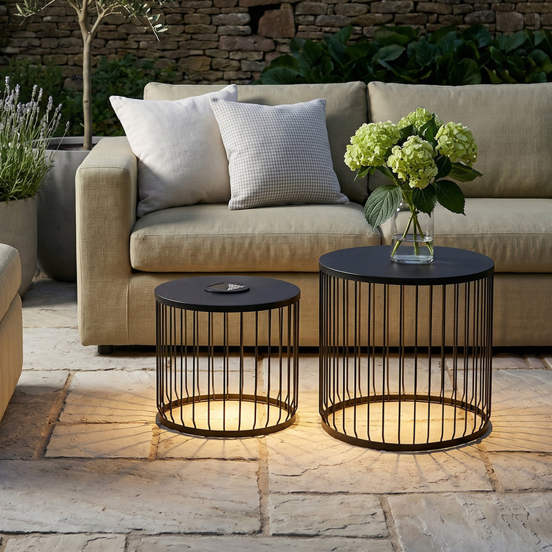 Ensemble de 2 tables d'appoint gigognes à énergie solaire, tables d'appoint circulaires modernes avec lumières solaires, tables décoratives de style cage en grillage métallique, convenant à une utilisation intérieure, extérieure, cour, salon, balcon et jardin.