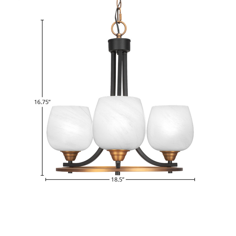 Lustre 3 lumières Uplight montré en noir mat et finition laiton avec verre de marbre blanc de 6 po