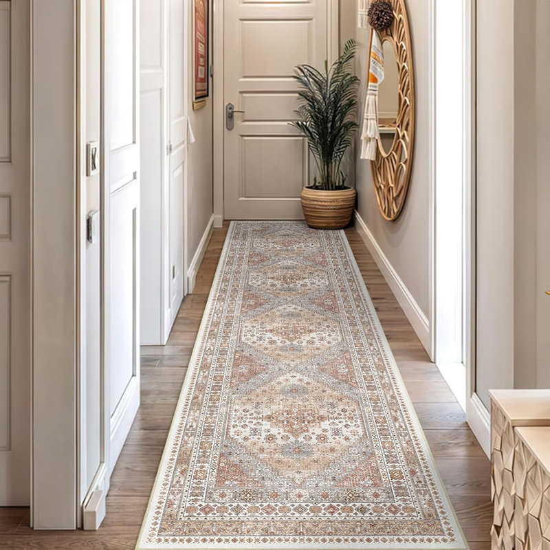 Medallion Non Slip Washable Rug(Orange), Runner 2' x 10'