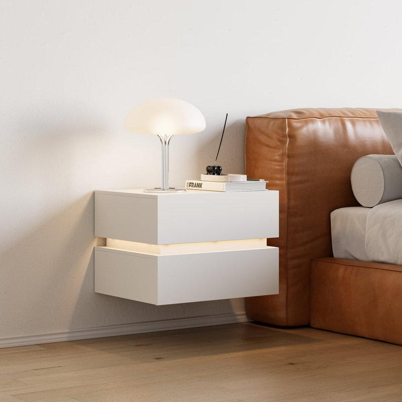 Smart Floating White Bedside Table With Led Lights & Wireless Charging, Wall-mounted 2-drawer