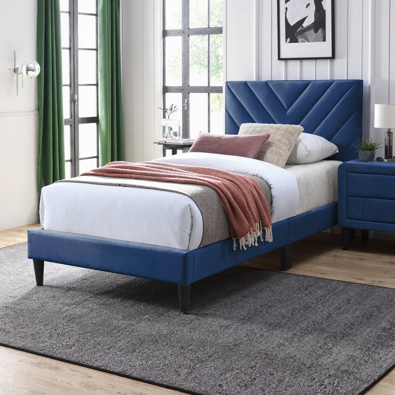 Lit tête de lit tapissier réglable en velours avec coutures en V, Bleu, Simple