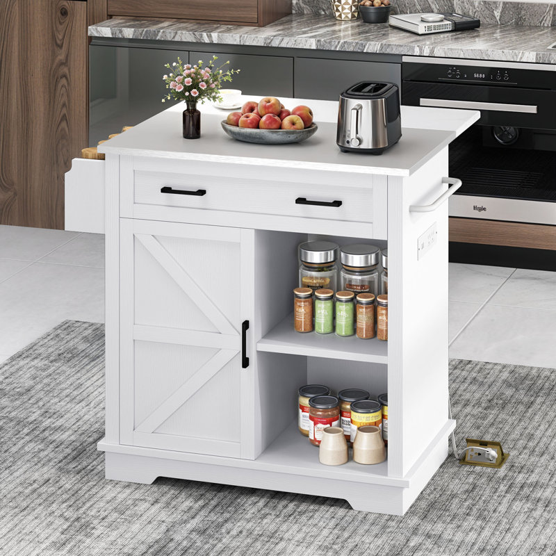 Portable Stainless Steel Top Kitchen Island Kitchen Cart with Drop Leaf and Power Outlet, White