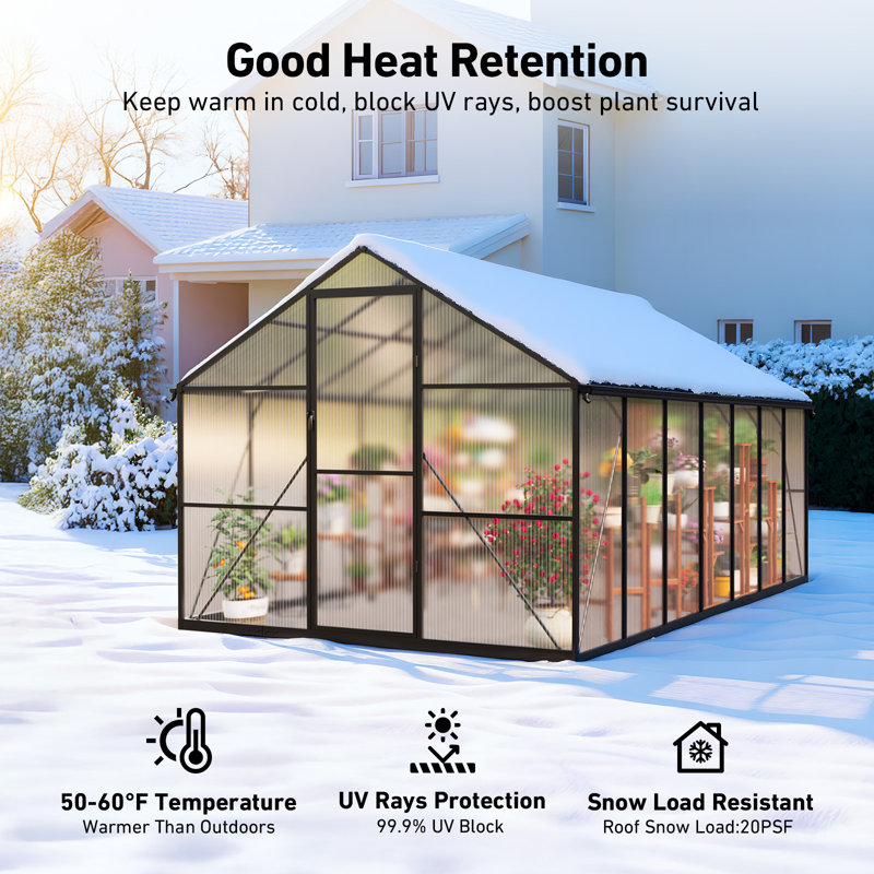 8 ft.W x 14 ft.D Walk-in Outdoor Greenhouse, Polycarbonate Garden House with Aluminum Frame, UV Protection, Roof Vent & Quick Install for Patio Backyard