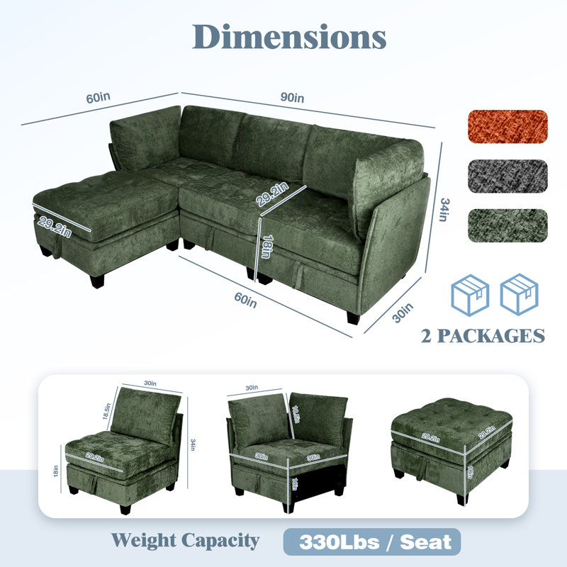 4-Piece Modern Chenille Sectional Sofa with Storage Seat, Modular Couch with Multiple Configurations, Green
