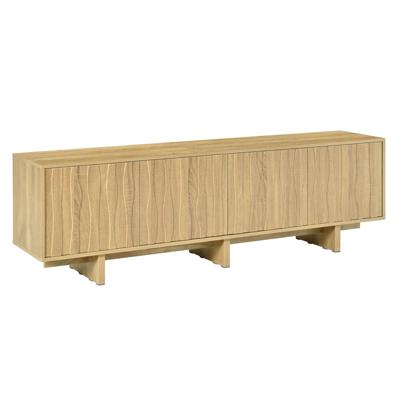 Meuble télé à grain rétro en bois avec porte ondulée pour téléviseur de 75 po ou moins, console média rustique avec amplement d'espace de rangement, meuble télé à base robuste avec gestion des câbles pour le salon