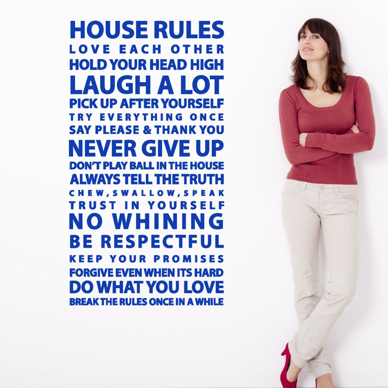 Décalcomanie murale citation "house rules", H 24 po x l 13 po x P 0,01 po, Bleu foncé