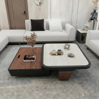 Table basse 31,5 "à 59" avec rangement, table centrale carrée moderne en bois avec plateau bicolore pour le salon