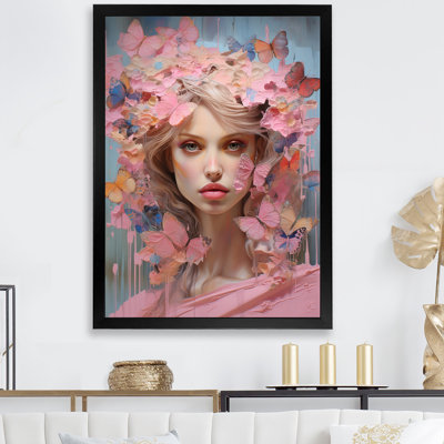 Pink And Blue Butterfly Woman Angel IV - Woman Glam Wall Art
