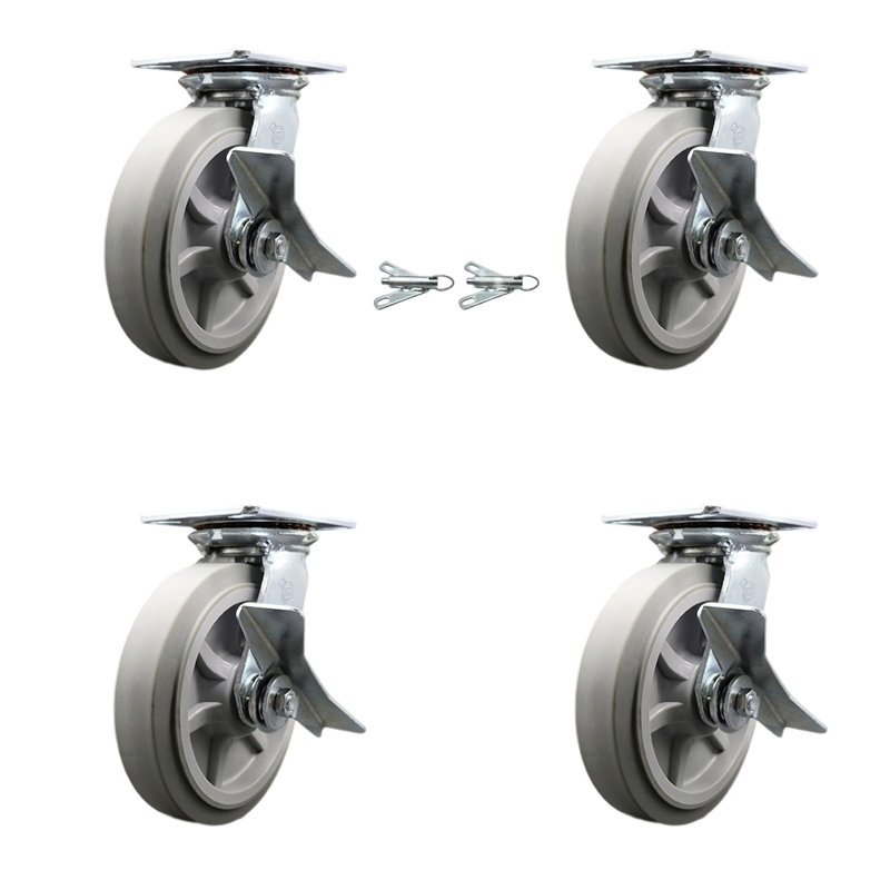 8 Inch Thermoplastic Caster Set with Roller Bearing 4 Brake and 2 Swivel Lock