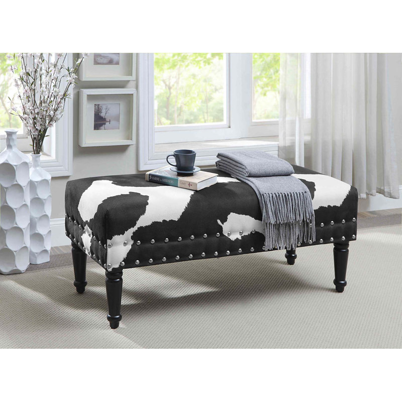 Daisy Upholstered Bench, Black Cow Print Fabric