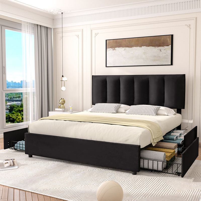 Orwhin Bed Frame 4 Drawers Storage, Upholstered Bed Frame with Velvet Adjustable Headboard Queen Full King Size Platform Bed Wood Support