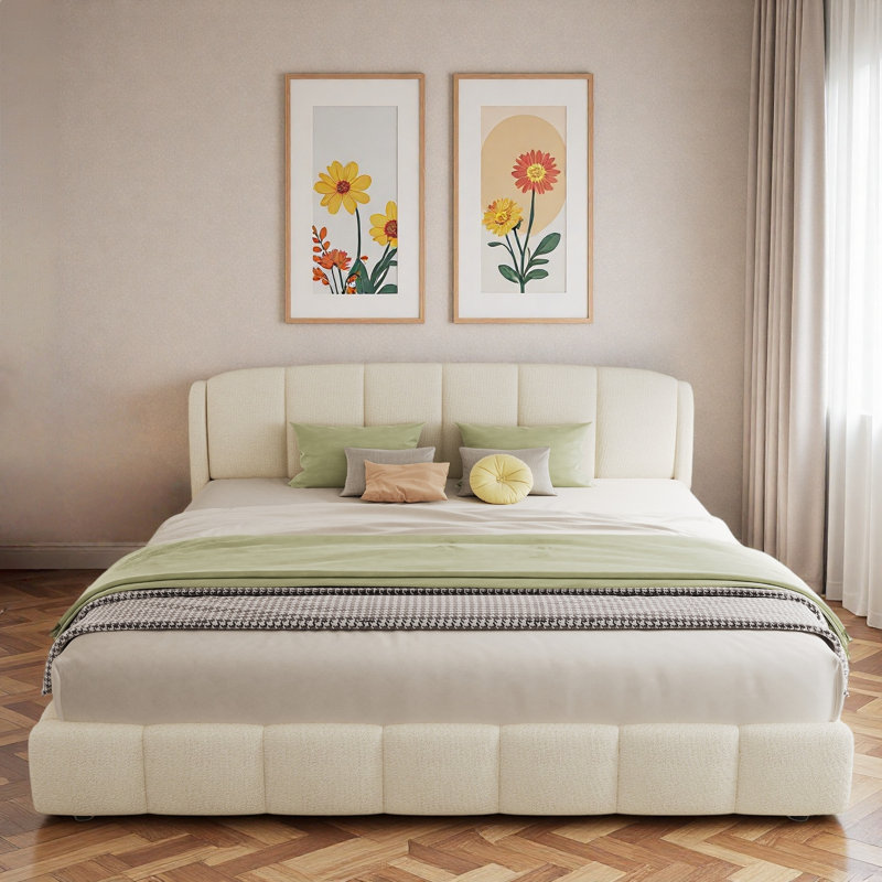 Lit plateforme tapissier Boucle avec tête de lit arrondie et pieds robustes