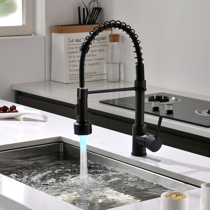 Robinet de cuisine DEL commercial avec douchette rétractable, robinet d'évier de cuisine à poignée simple, Noir