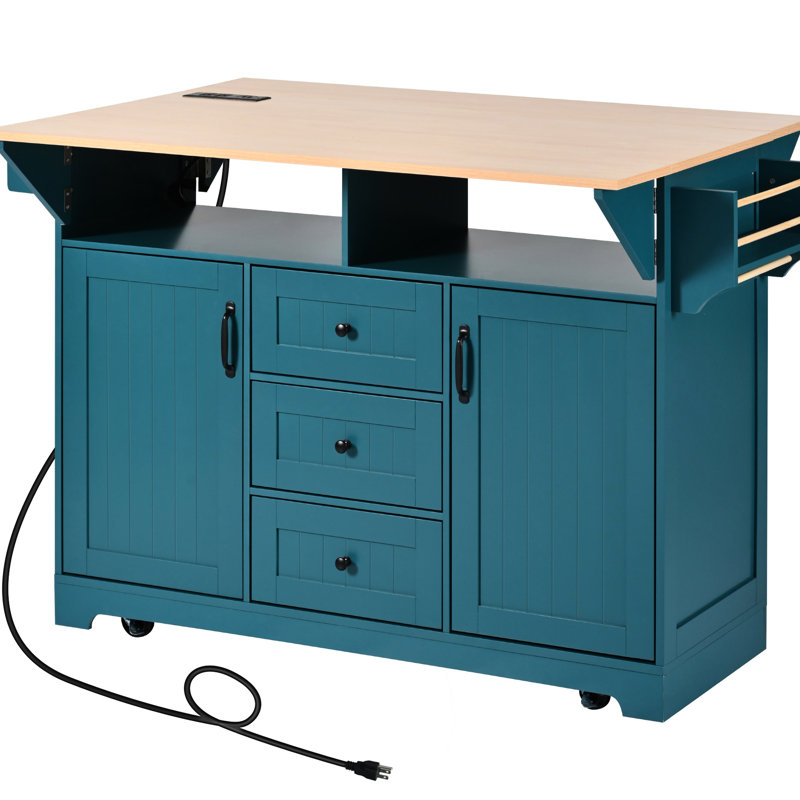 55.7" Kitchen Island With 2 Foldable Leaf, 5 Wheels, Power Outlet, Folding Dining Table And Storage Space, Spacious Drop Nautical Style,