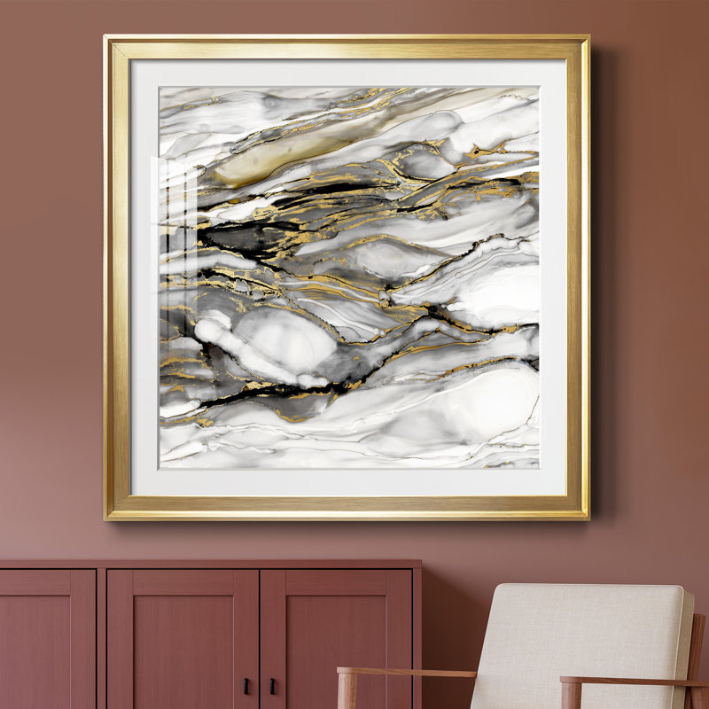 Marbré or I - peinture encadrée, Papier encadré doré, H 34,5 po x l 34,5 po x P 1,5 po
