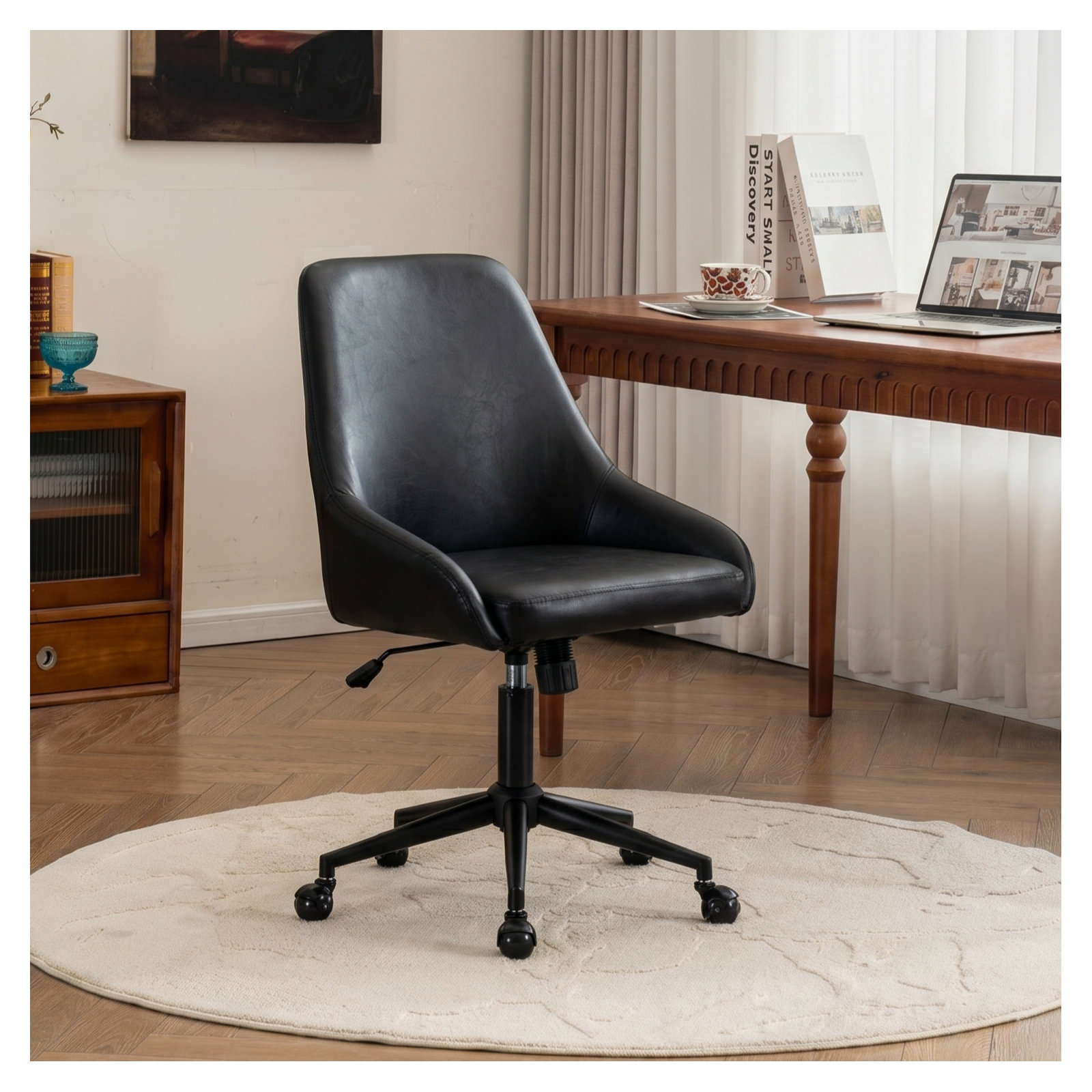 Vanora Swivel Office Chair, Black Faux Leather