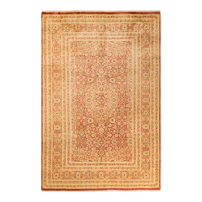 Tapis unique noué à la main orange / beige Keenan, 6 pi 2 po x 9 pi 1 po